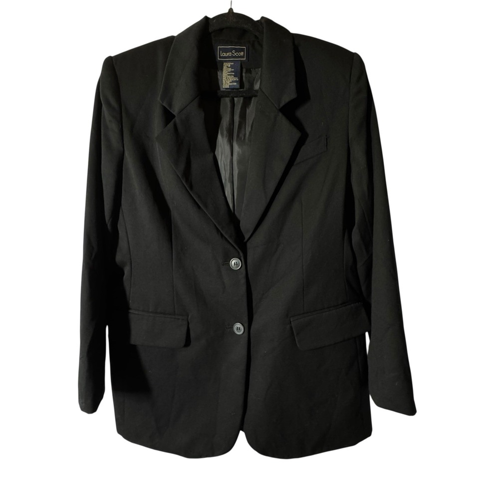 Laura Scott Blazer Womens Size 14 Wool Black Two Button Jacket Work Career